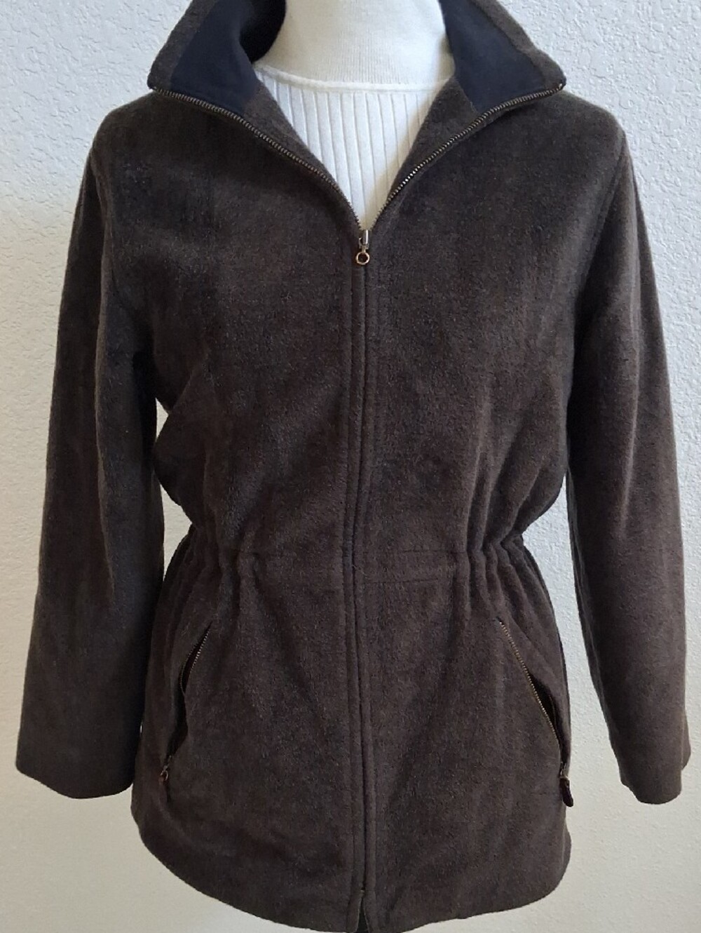 LL Bean Women’s Wool Blend Dark Brown Zip-Up  With Cinch Waist Jacket. Petite(S)